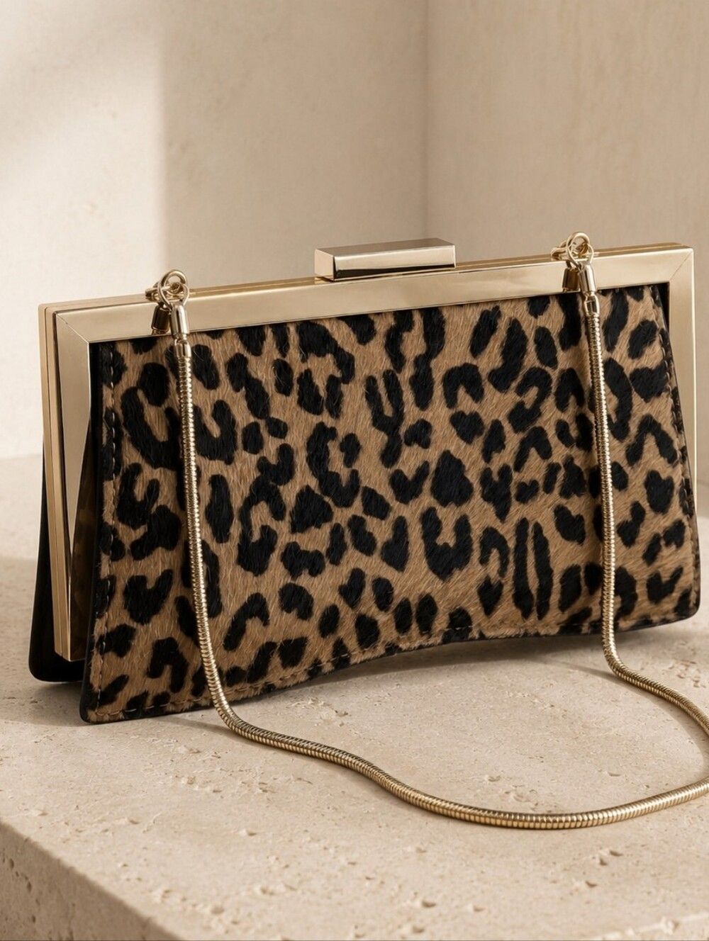 Trina Turk Leopard Hair On Hide Clutch Gold Chain Glam Evening Bag Maximalist